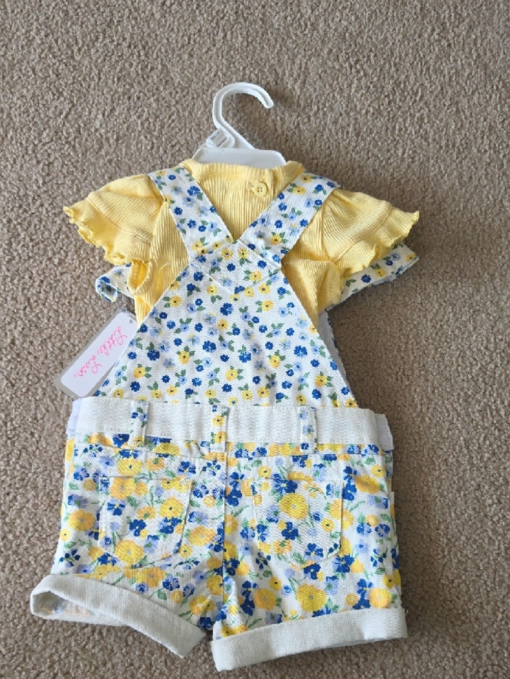 6/9 Mos Little Lass Yellow and Blue Floral Overalls 3 Pc Set NWT - Picture 4 of 5